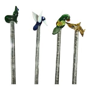 Hand Blown  Art Glass Bird Frog Swizzle Sticks/Drink Stirrers‎ Barware SET OF 4
